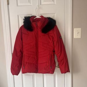 Anne Klein Down Filled Red Down Small Jacket Puffer Hooded Fox Trim Hood